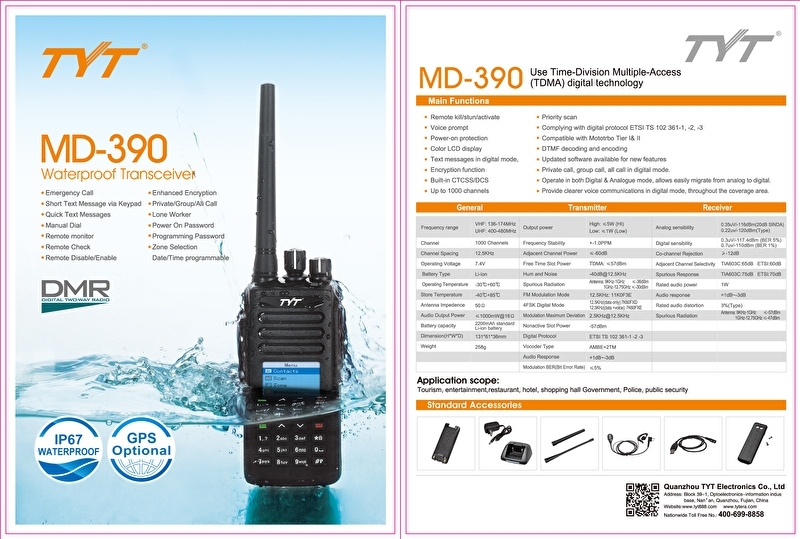 TYT MD-UV390 DMR Dualband Portofoon (MD-380) met gratis GPS