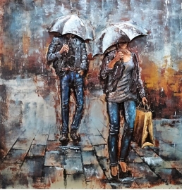 Shopping in the Rain  -  Metalen 3D schilderij