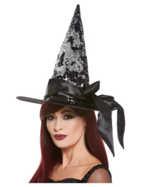 Heksen hoed zwart en zilver | sequin