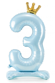 Folieballon 84cm op voet cijfer 3 | metallic hemelsblauw