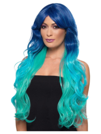 Pruik fashion mermaid blauw groen | extra lange wavy wig