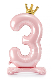 Folieballon 84cm op voet cijfer 3 | metallic licht roze