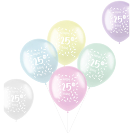 Ballonnen Pastel 25 Jaar Meerkleurig 33cm | 6 stuks