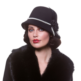 1920's dames hoed zwart met parel