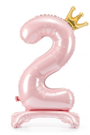 Folieballon 84cm op voet cijfer 2 | metallic licht roze
