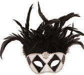 Venetiaans Masker wit/zwart met zwarte pluimen