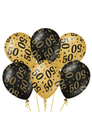 Ballonnen Fancy goud zwart 50 Jaar 30cm - 6 stuks
