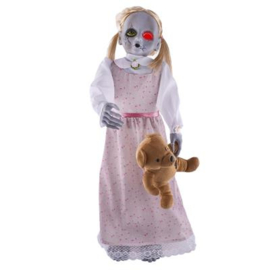 Gruseliges Mädchen mit Teddybär mit Licht, Ton und Bewegung