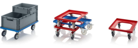 RO64-GU-RD | AUER transportroller COMPACT voor stapelbare Eurobakken 60x40 cm/30x40 cm, 4 zwenkwielen rubber ø 10 cm ongeremd, wielvorken gegalvaniseerd, draagverm. 250 kg, kleur rood RAL 3020, gew. 3,7 kg, fabrieksgarantie 2 jr