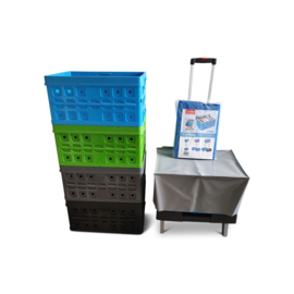 56000996 | ROLL1 inklapbare vouwkrattentrolley, afm. 485x370x1035/76 mm (bxdxh), draagvermogen 40 kg, gewicht 2,8 kg, incl. 3 SUNWARE vouwkratten afm. 490x360x250 mm (bxdxh), open handgrepen, kratinhoud 32 liter, belasting 30 kg