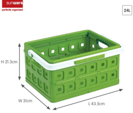 57500606 | SUNWARE Square stapelbare vouwkrat met open handgrepen en draaghengsel, afm. 43,5x31x21,3 cm (bxdxh), draagvermogen 15 kg, inhoud 24 liter, kleur natuurgroen/wit, gewicht 1,6 kg
