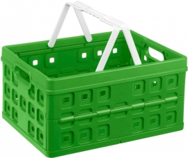 57100661 | SUNWARE Square stapelbare vouwkrat met open handgrepen en draaghengsels, afm. 49x36x25 cm (bxdxh), draagvermogen 30 kg, inhoud 32 liter, kleur natuur-groen/wit, gewicht 1,3 kg