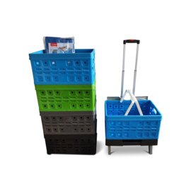 56000996 | ROLL1 inklapbare vouwkrattentrolley, afm. 485x370x1035/76 mm (bxdxh), draagvermogen 40 kg, gewicht 2,8 kg, incl. 3 SUNWARE vouwkratten afm. 490x360x250 mm (bxdxh), open handgrepen, kratinhoud 32 liter, belasting 30 kg
