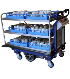 0113058E | ZALLYS M15 e-transporter v.v. CREDO rvs opbouw met 3 vaste XL afzetbladen incl. waterkering, afm. 1179x680 mm (lxb), ruimte tussen bladen 260 mm, draagvermogen per blad max. 60 kg