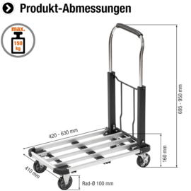 898559 | MEISTER platformwagen, alu frame, opklap duwbeugel, uitschuifbaar laadvlak-/duwbeugel, afm. 420/630x410x695/950 mm (lxbxh), draagverm. 150 kg, gew. 8,6 kg