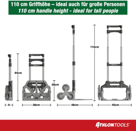 3211 | ATHLON SD inklapbare aluminium traploper steekwagen met bagagekoorden, telescopische handgreep 110 cm, laadschep 39x28 cm (bxd), draagvermogen 70/35 kg, gewicht  4,1 kg