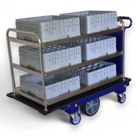 0113058E | ZALLYS M15 e-transporter v.v. CREDO rvs opbouw met 3 vaste XL afzetbladen incl. waterkering, afm. 1179x680 mm (lxb), ruimte tussen bladen 260 mm, draagvermogen per blad max. 60 kg