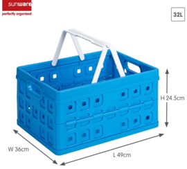 57101611 | SUNWARE Square stapelbare vouwkrat met open handgrepen en draaghengsels, afm. 49x36x25 cm (bxdxh), draagvermogen 30 kg, inhoud 32 liter, kleur blauw/wit, gewicht 1,3 kg