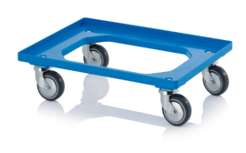 RO64-GU-FA-BW | AUER transportroller COMPACT voor stapelbare Eurobakken 60x40 cm/30x40 cm, 4x rubber zwenkwielen met asbescherming ø 10 cm ongeremd, wielvorken gegalvaniseerd, draagverm. 250 kg, kleur blauw RAL 5015, gew. 3,7 kg