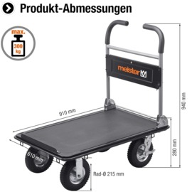 898570 | MEISTER Cross Over platformwagen, stalenframe zwartgrijs, opklapbare softgrip duwbeugel, afm. 910x610x940 mm (lxbxh), laadvlak antislip met spanbandhaken, zwarte luchtbandwielen ø 215 mm, draagverm. 300 kg, gew. 20,14 kg