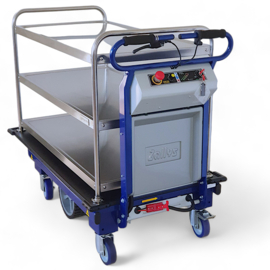 0113058E | ZALLYS M15 e-transporter v.v. CREDO rvs opbouw met 3 vaste XL afzetbladen incl. waterkering, afm. 1179x680 mm (lxb), ruimte tussen bladen 260 mm, draagvermogen per blad max. 60 kg