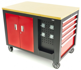 1101215E | ZALLYS M15 e-transporter met XL gereedschap/werkbankwagenopbouw v.v. houtenwerkblad, 10 laden, afsluitbare kastruimte, laadvermogen 500 kg, gewicht 142 kg