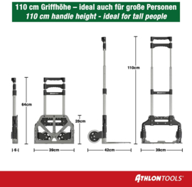 3001 | ATHLON MD inklapbare aluminium steekwagen met bagagekoorden,  telescopische handgreep 110 cm, laadschep 39x28 cm (bxd), draagvermogen 70 kg, gewicht 3,2 kg