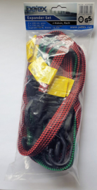 43192400 | PETEX expander set elastisch bagageband plat met J-haken, verpakt per set van 4 stuks (2x 100 cm groen + 2x 150 cm rood), breedte 18 mm, trekkracht 50 N, uittrekbaarheid 200-250 cm