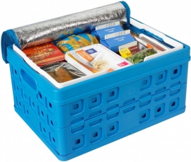 57200611 | SUNWARE Square stapelbare vouwkrat met uitneembare Coolshopper koeltas, open handgrepen, draaghengsels, afm. 49x36x25 cm (bxdxh), draagvermogen 30 kg, inhoud 32 liter, kleur blauw/wit, gew. 1,5 kg