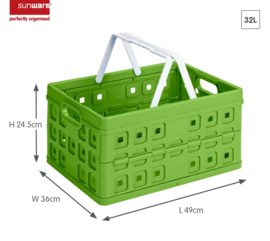 57100661 | SUNWARE Square stapelbare vouwkrat met open handgrepen en draaghengsels, afm. 49x36x25 cm (bxdxh), draagvermogen 30 kg, inhoud 32 liter, kleur natuur-groen/wit, gewicht 1,3 kg