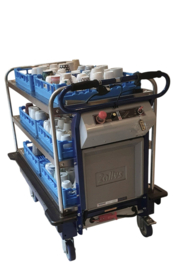 0113058E | ZALLYS M15 e-transporter v.v. CREDO rvs opbouw met 3 vaste XL afzetbladen incl. waterkering, afm. 1179x680 mm (lxb), ruimte tussen bladen 260 mm, draagvermogen per blad max. 60 kg