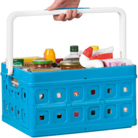 57500611 | SUNWARE Square stapelbare vouwkrat met open handgrepen en draaghengsel, afm. 43,5x31x21,3 cm (bxdxh), draagvermogen 15 kg, inhoud 24 liter, kleur blauw/wit, gewicht 1,6 kg