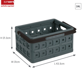 57500636 | SUNWARE Square stapelbare vouwkrat met open handgrepen en draaghengsel, afm. 43,5x31x21,3 cm (bxdxh), draagvermogen 15 kg, inhoud 24 liter, kleur antraciet/zwart, gewicht 1,6 kg