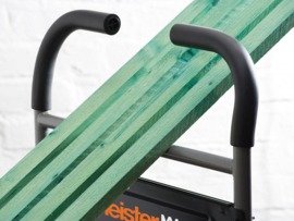 898570 | MEISTER Cross Over platformwagen, stalenframe zwartgrijs, opklapbare softgrip duwbeugel, afm. 910x610x940 mm (lxbxh), laadvlak antislip met spanbandhaken, zwarte luchtbandwielen ø 215 mm, draagverm. 300 kg, gew. 20,14 kg