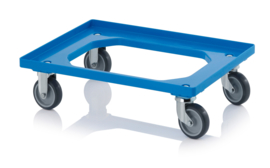 RO64-GU-BO-BW | AUER transportroller COMPACT voor stapelbare Eurobakken 60x40 cm/30x40 cm, 2 zwenkwielen + 2 bokwielen rubber ø 10 cm, ongeremd, wielvorken gegalvaniseerd, draagverm. 250 kg, kleur blauw RAL 5015, gew. 3,7 kg, fabrieksgarantie 2 jr