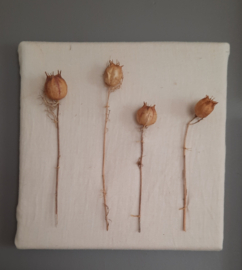 Droogbloemen op paneel met oud linnen