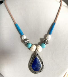 Collier, choker leer - Lapis, parel, been, turquoise