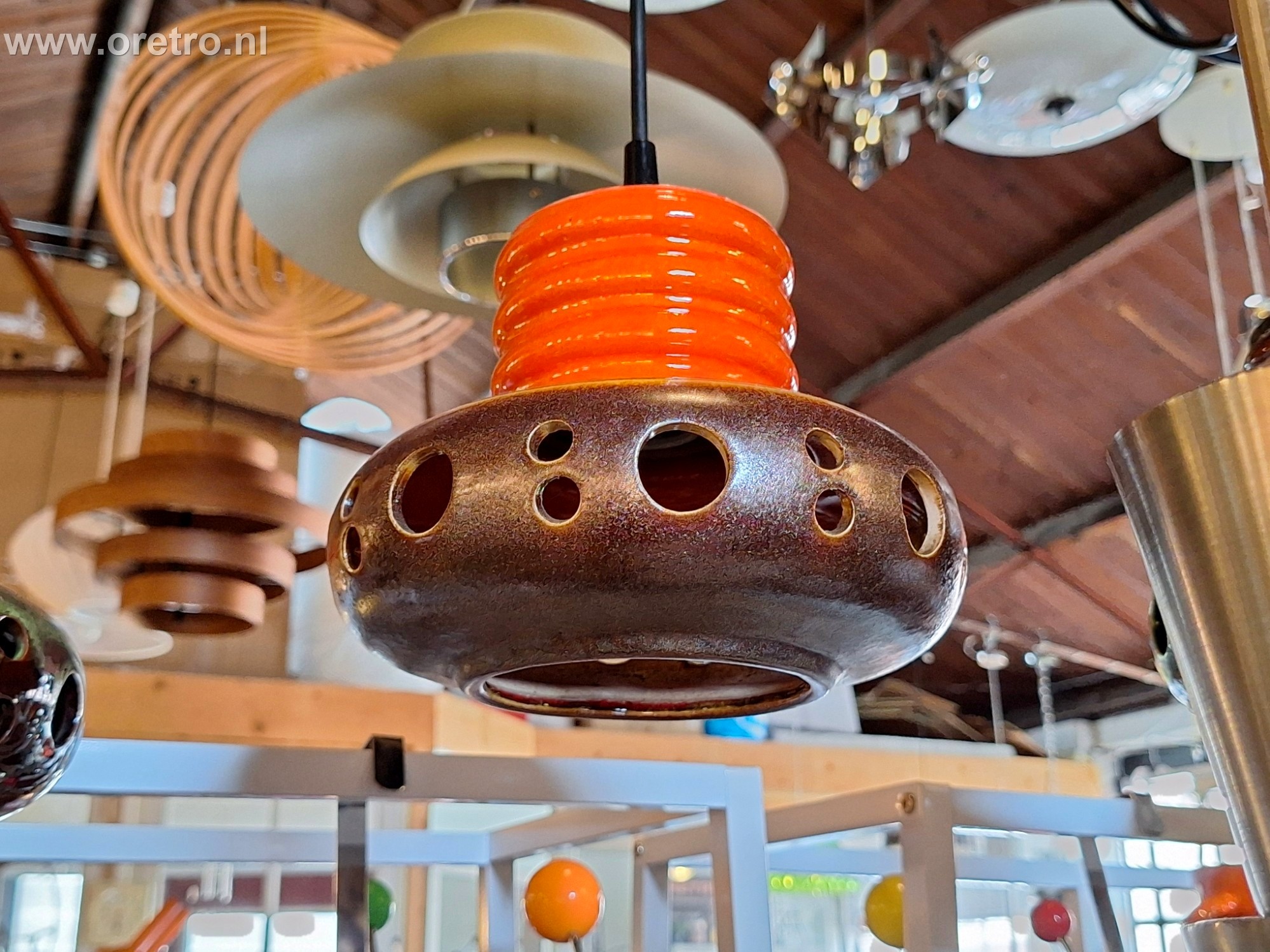 Hanglamp keramiek bruin met oranje