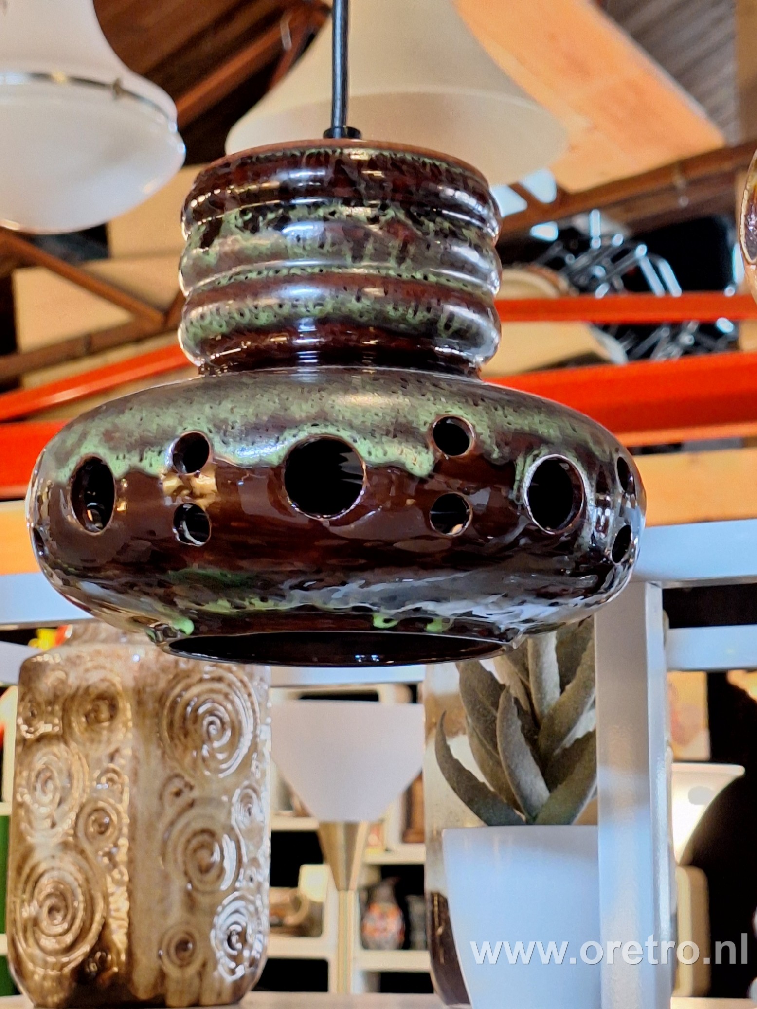 Hanglamp keramiek bruin met groen