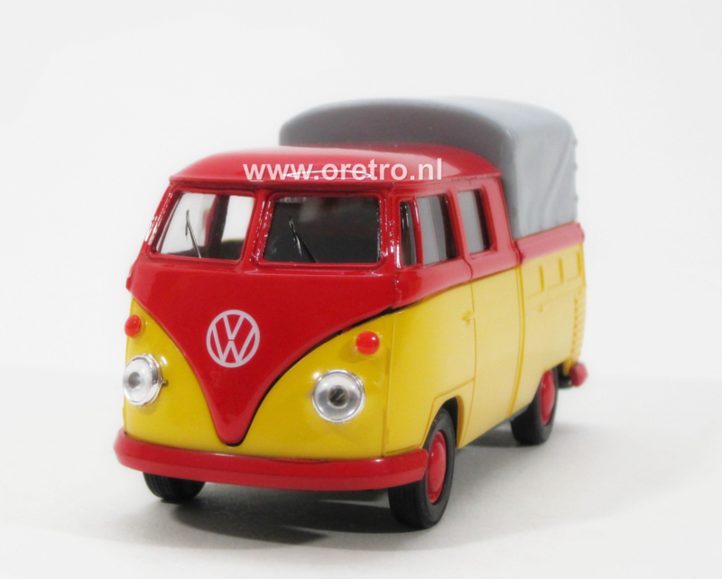 Modelauto VW bus T1 Pick up met huif rood en geel  1:34