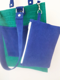 Shopper van felgroen en blauw leer     VERKOCHT