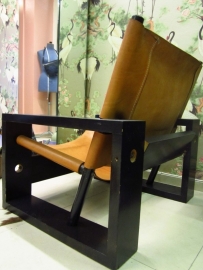 Vintage Stoel hout en tuigleer
