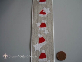 Decoratief lint, beige met kerstmutsjes nr 372