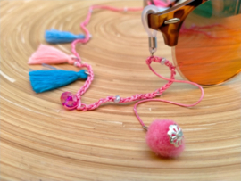 Fuchsia en turquoise gehaakt brillenkoordje