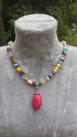 Korte ketting in multicolor met rode hanger