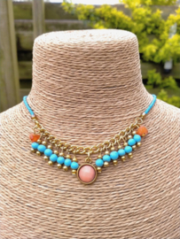 Turquoise en zalmkleurige choker