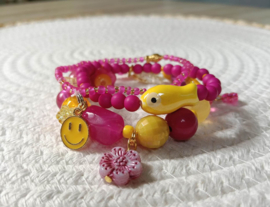 3-Delig geel met warm roze armbanden set