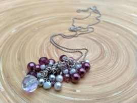 Lange aubergine/grijs en roomwit op jasseron gekettelde ballchain ketting