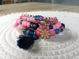 4-Delige zachtroze met donkerblauw armbanden set