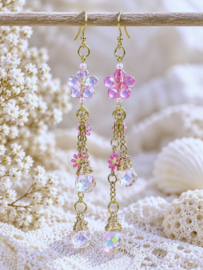 Roze bloem & strass Oorhangers